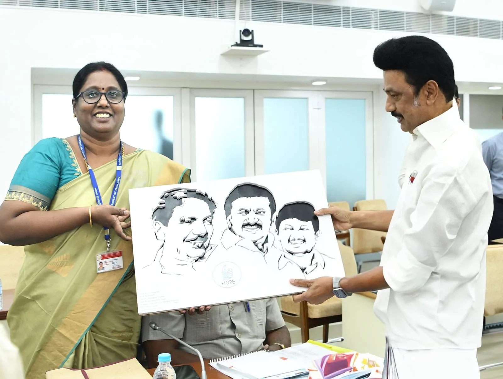 Hand-drawn portrait by a Hope Chennai student presented at a government meeting in Chennai