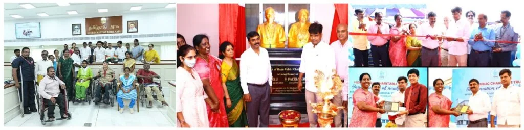 Collage of Hope Chennai events with guests, residents and wheelchair users