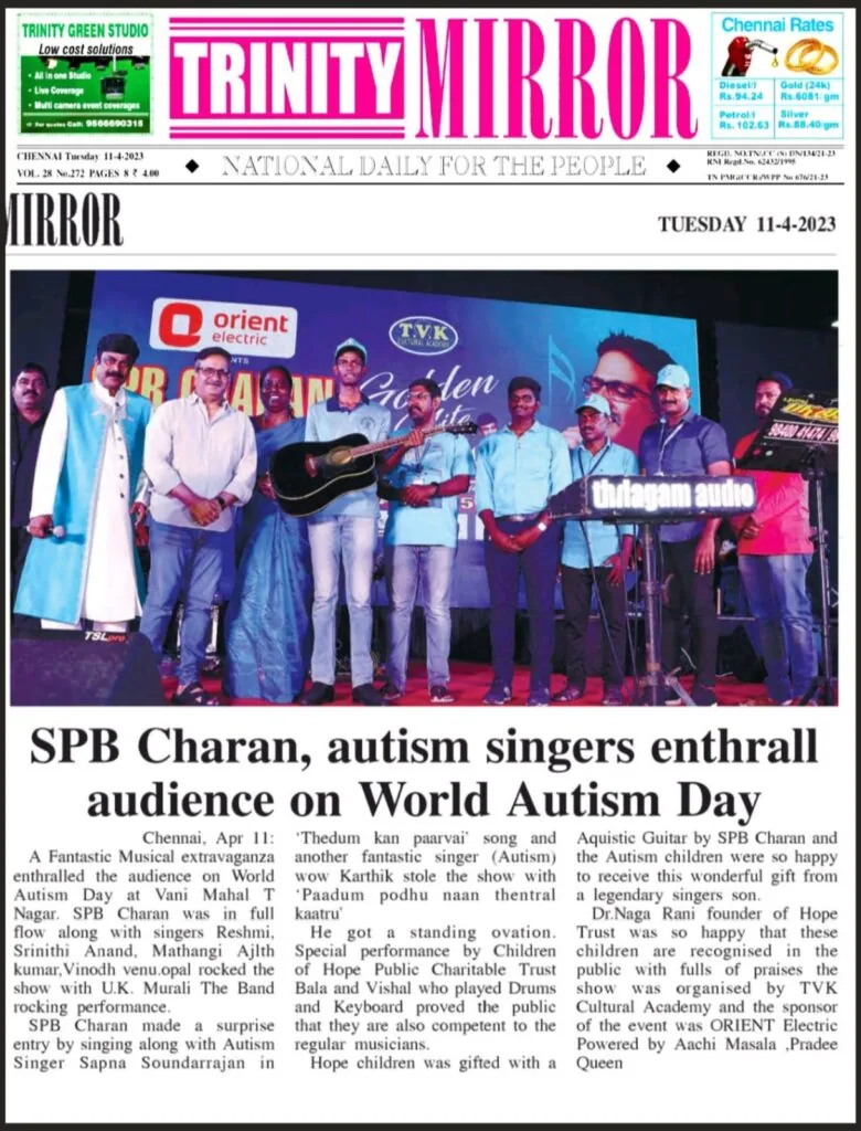 Trinity Mirror report: SPB Charan and autism singers enthral audience on World Autism Day