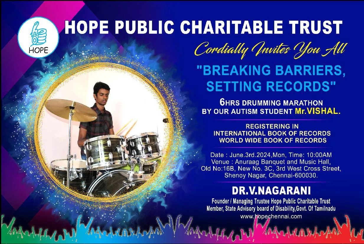 Invitation to Breaking Barriers, Setting Records, a six-hour drumming marathon by an autistic student
