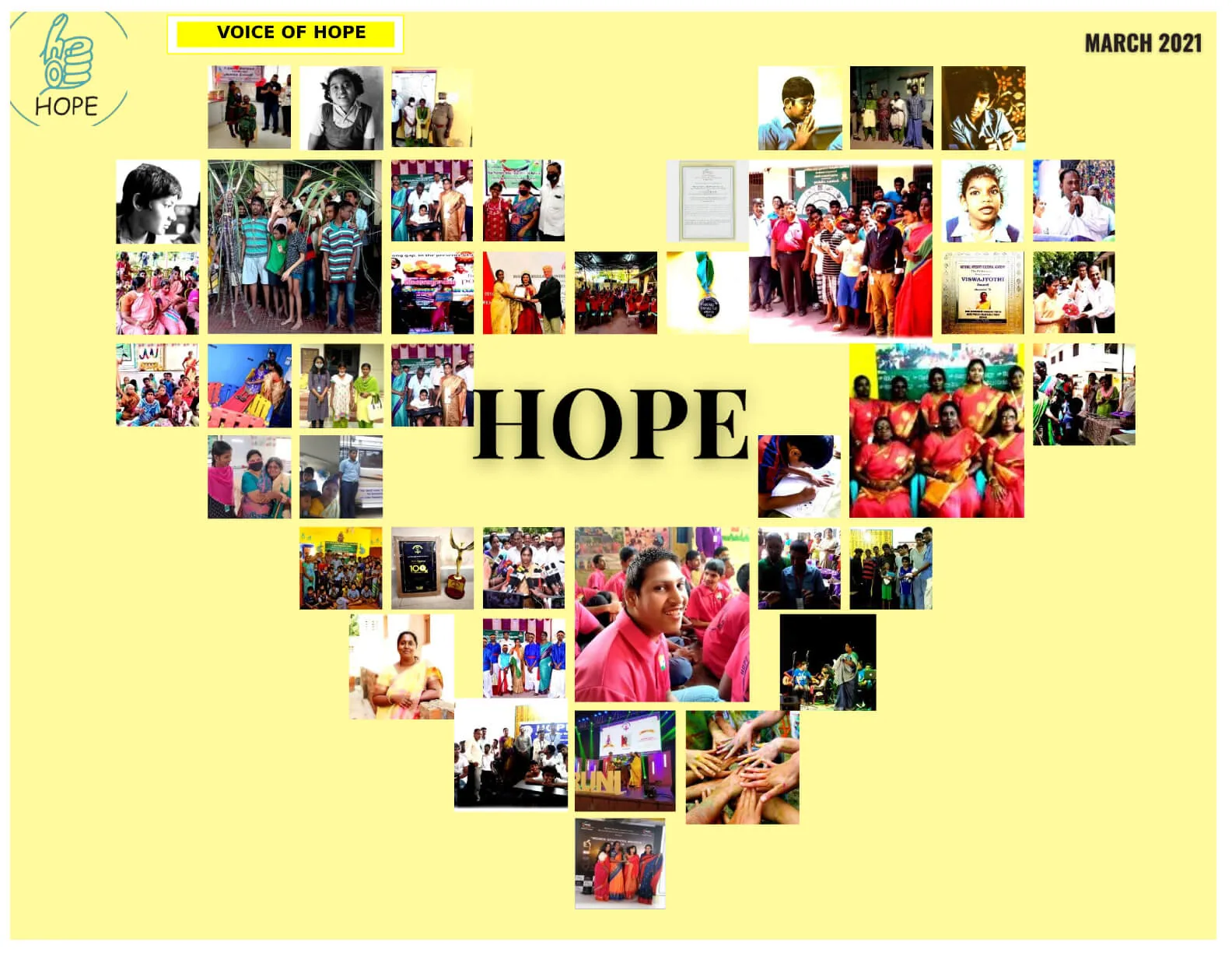 Voice of Hope March 2021 newsletter cover with a heart-shaped photo collage