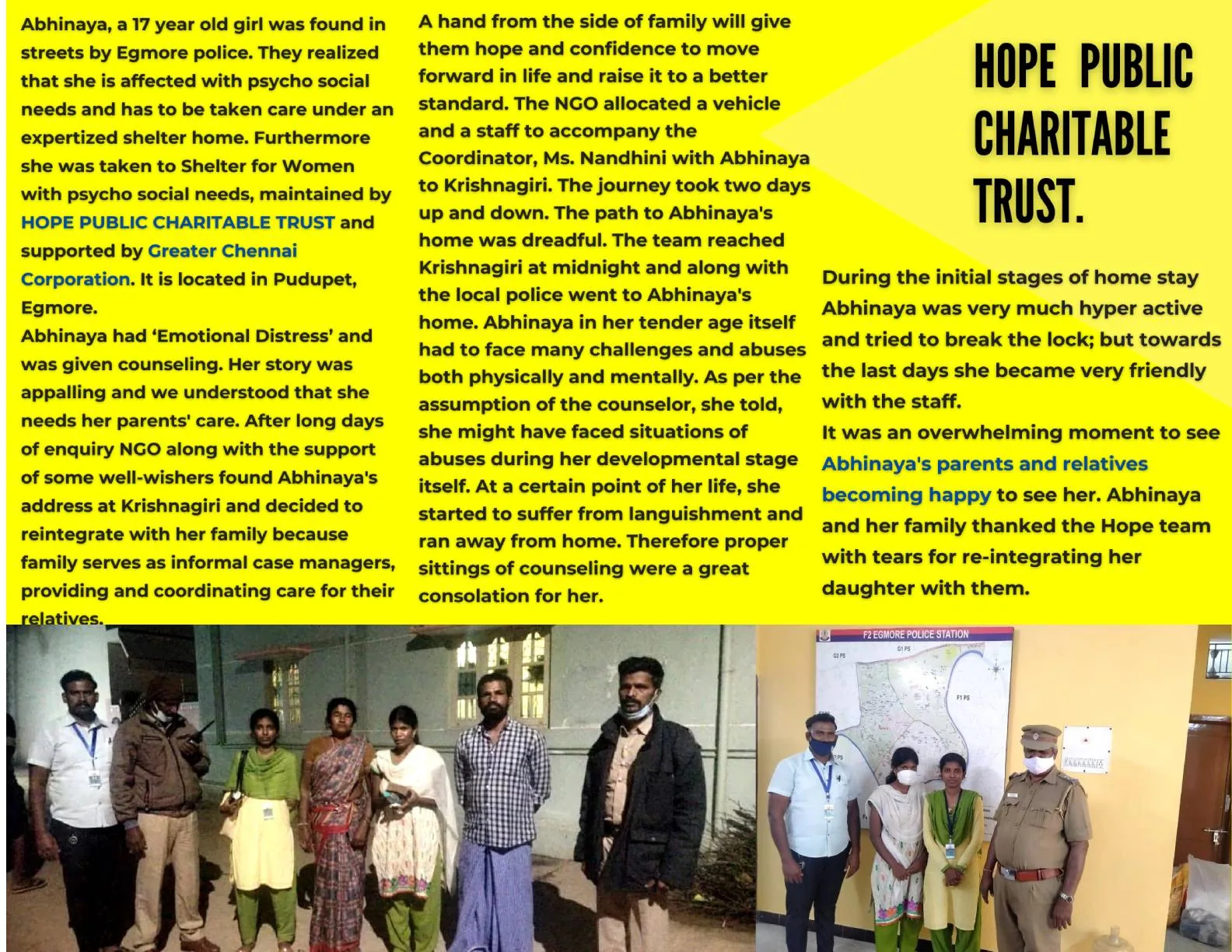 Newsletter story of Abhinaya, a girl rescued and reunited with her family by Hope Chennai
