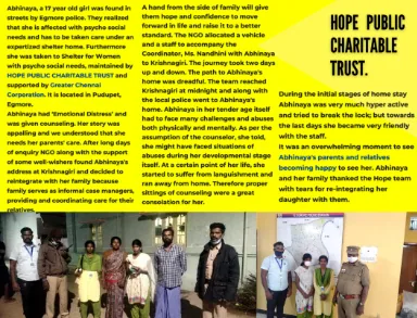 Hope Chennai newsletter page on Abhinaya's rescue, care and family reunion