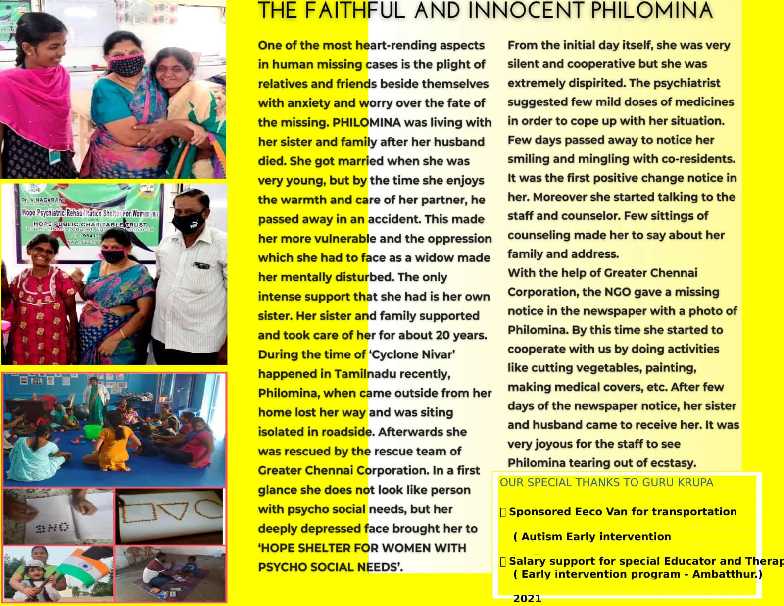 Newsletter story of Philomina, a rescued woman cared for at Hope Chennai's shelter