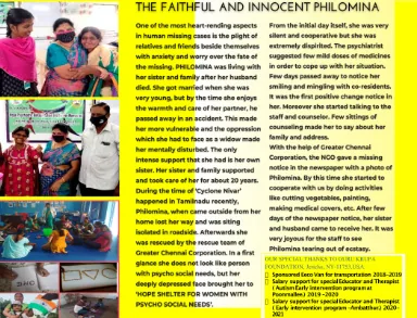 Hope Chennai newsletter page on Philomina's care and reunion with her family
