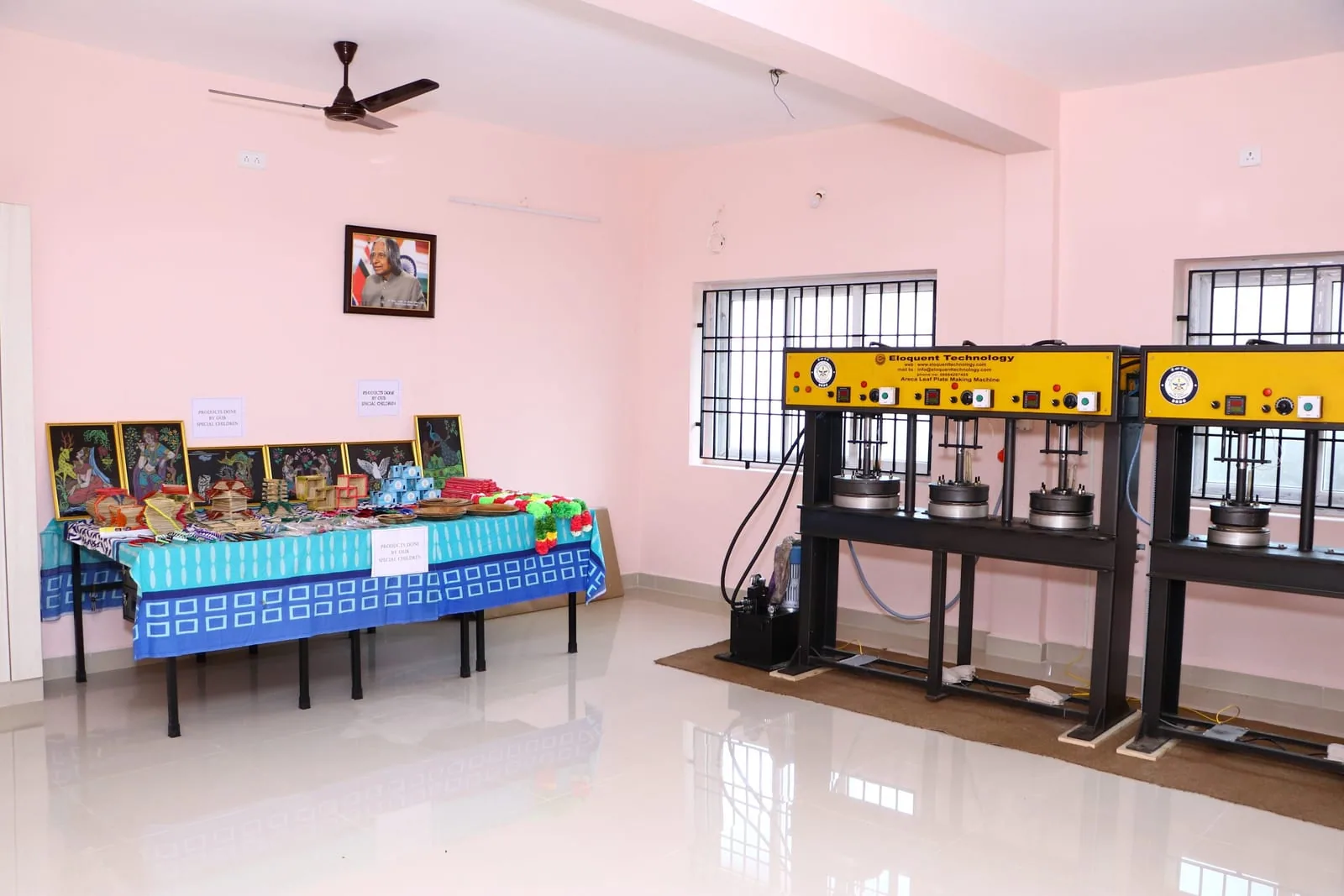 Hope Chennai vocational training room with areca leaf plate machines and handicrafts