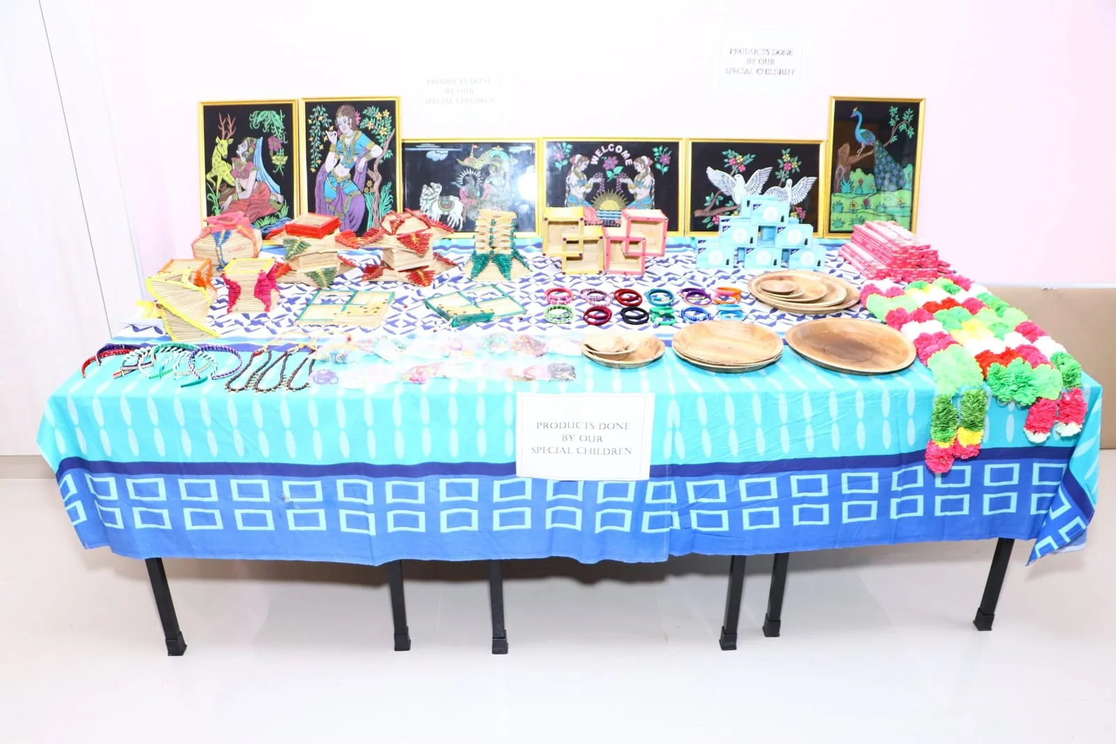 Handicrafts, bangles and areca plates made by Hope Chennai trainees on display