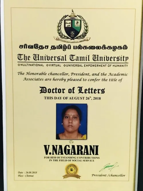 Doctor of Letters certificate conferred on V. Nagarani by the Universal Tamil University