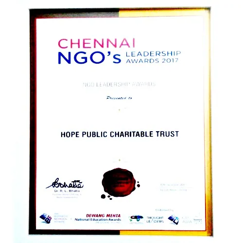 Chennai NGO's Leadership Awards 2017 certificate for Hope Public Charitable Trust