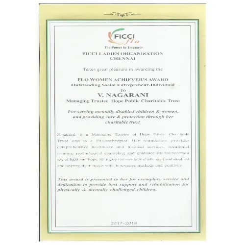 FICCI FLO Women Achievers Award certificate for V. Nagarani