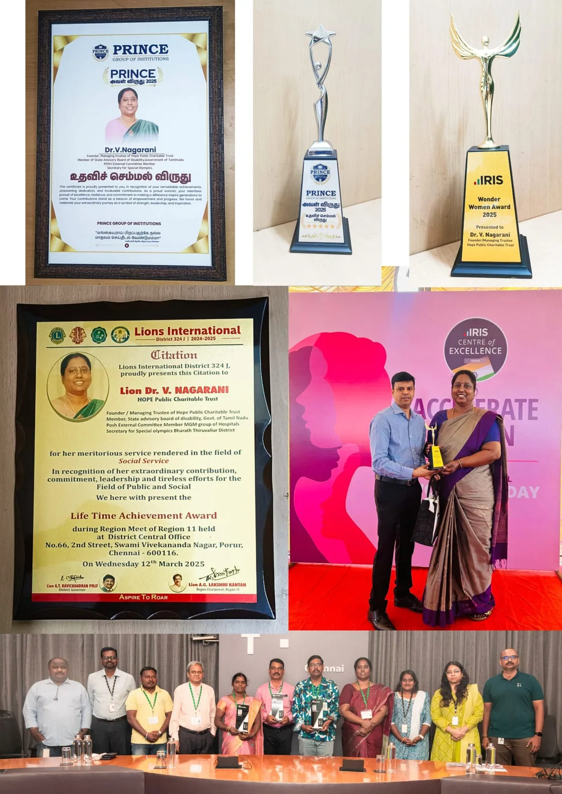 Awards and trophies received by Hope Chennai's founder with a group photo