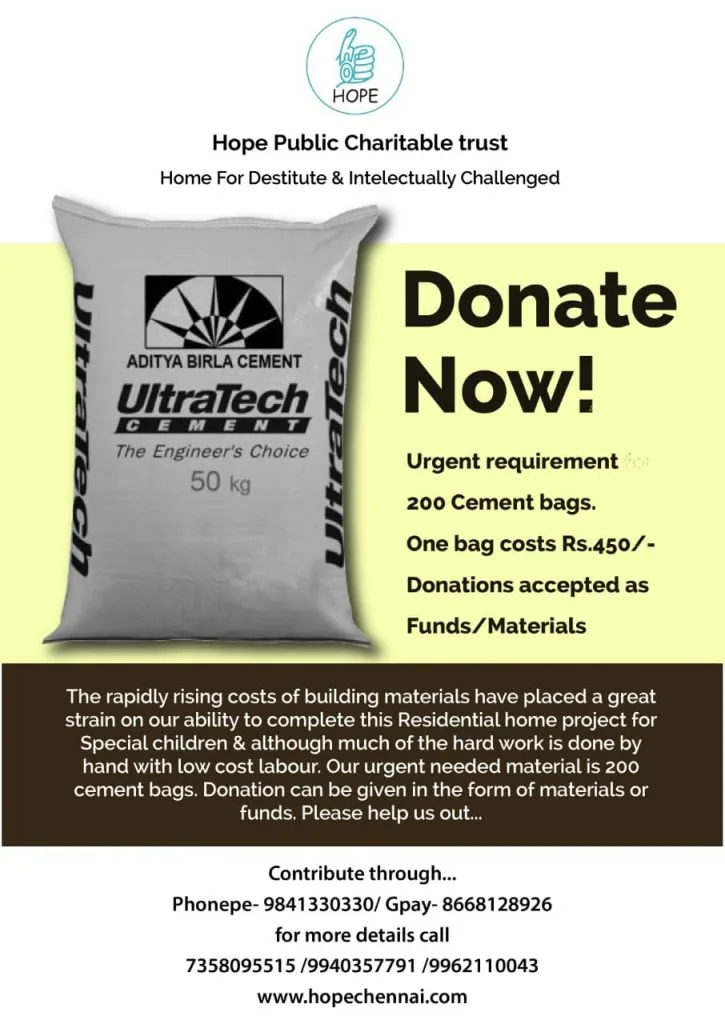 Donate Now appeal: cement bags needed for Hope Chennai's new residential home