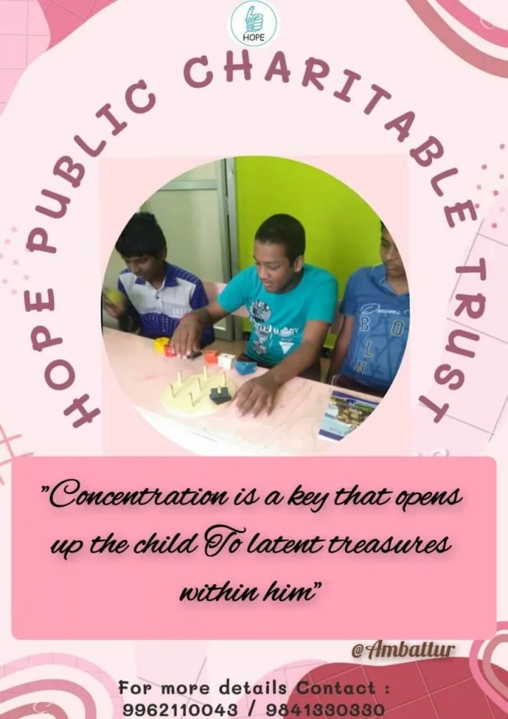 Children doing a concentration activity at Hope Chennai, Ambattur