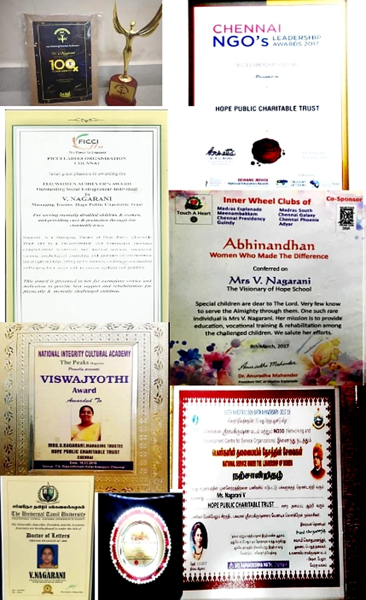 Original collage of certificates and plaques received by Hope Public Charitable Trust and Dr. V. Nagarani