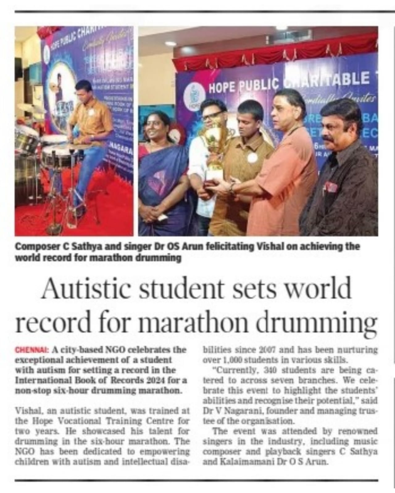 Autistic student sets world record for marathon drumming