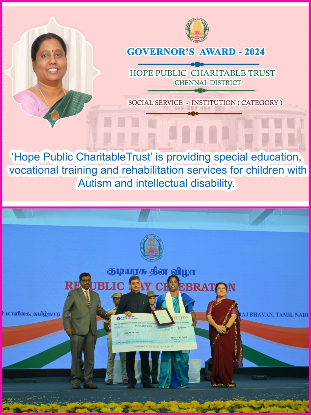 Tamil Nadu Governor Award 2024 For Best Social Service to Hope Public Charitable Trust