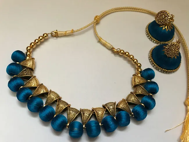 Blue silk thread necklace set with matching jhumka earrings