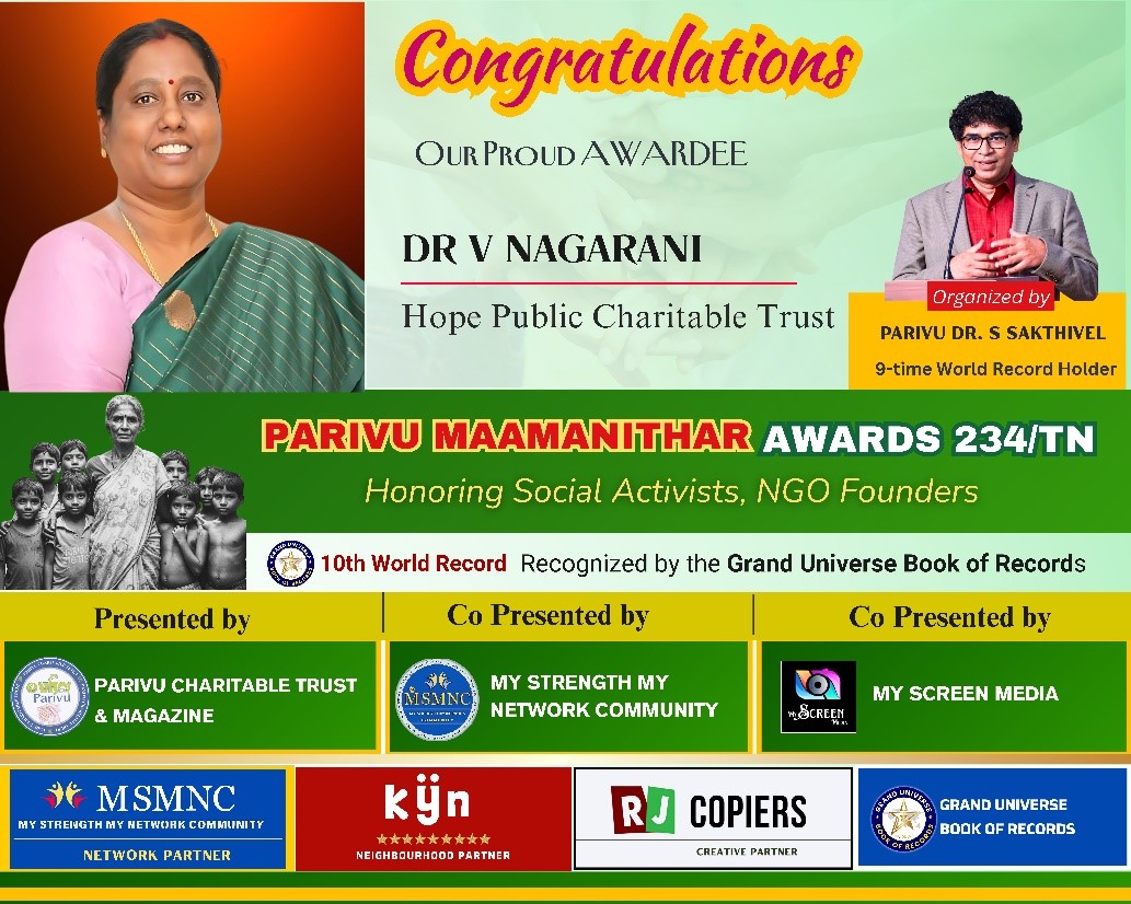 DR. V. NAGARANI HONOURED WITH THE PRESTIGIOUS PARIVU MAAMANITHAR AWARD FOR HER SELFLESS SOCIAL COMMITMENT