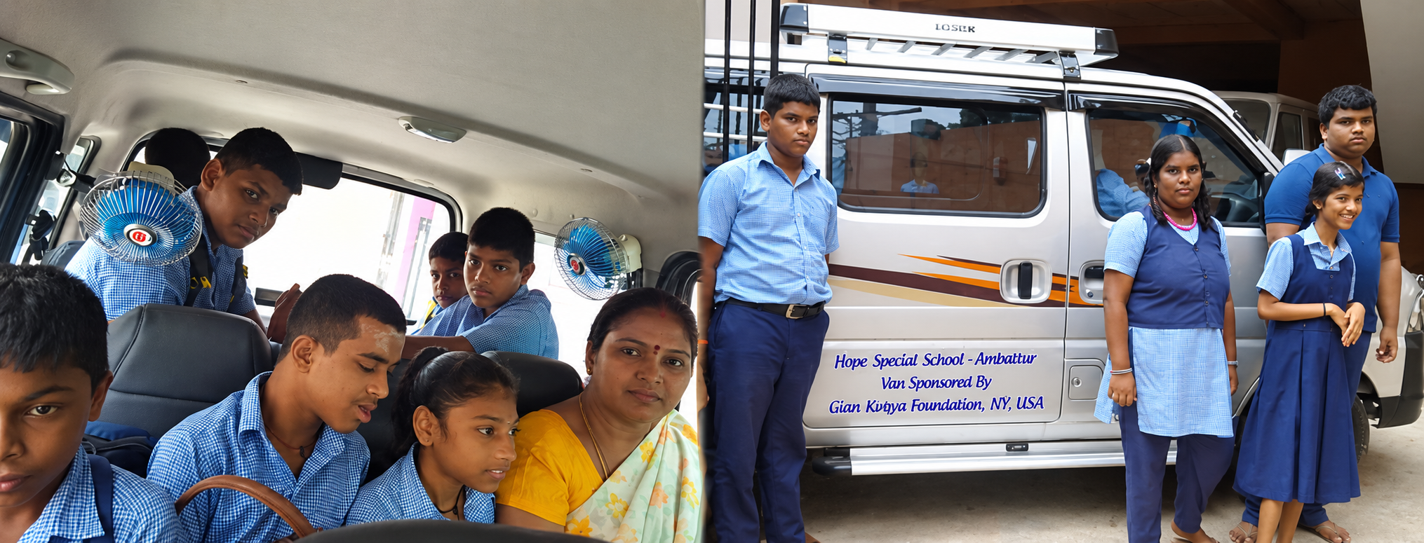 Hope Special School children with the van sponsored by Guru Krupa Foundation